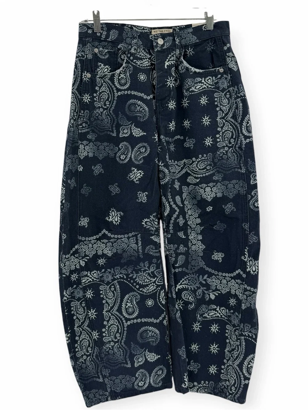 NEW Free People Good Luck Barrel Jeans in Navy Bandana Size 26 MSRP $128 Western